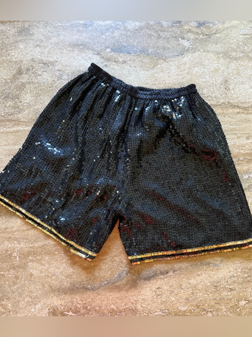 Vintage Black & Gold Sequin Silk Shorts – Elastic Waist Festive Party, size L